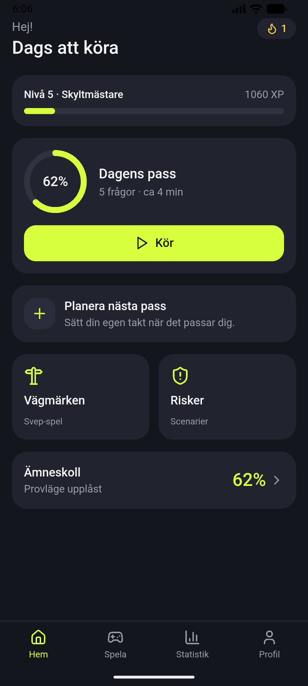 Uppkörd — dagens pass i appen